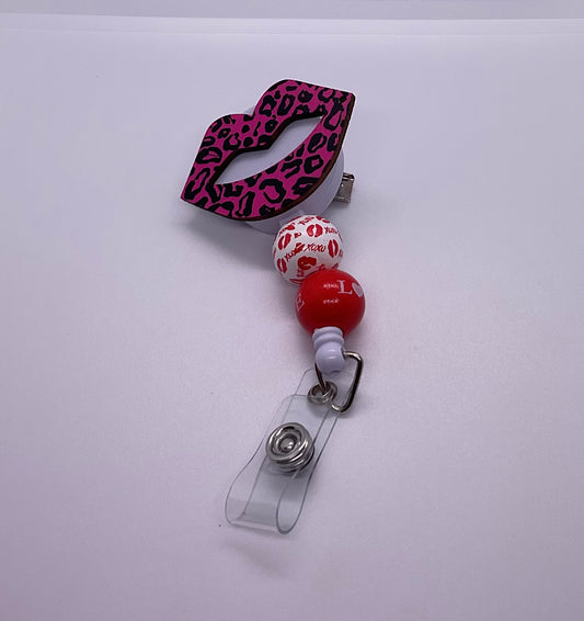 Pink Leopard Lips Beaded Badge Reel